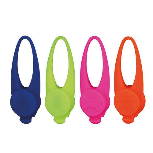 Four silicone Pet Safety Light Tags for dogs in blue, green, pink, and orange colors on a white background.