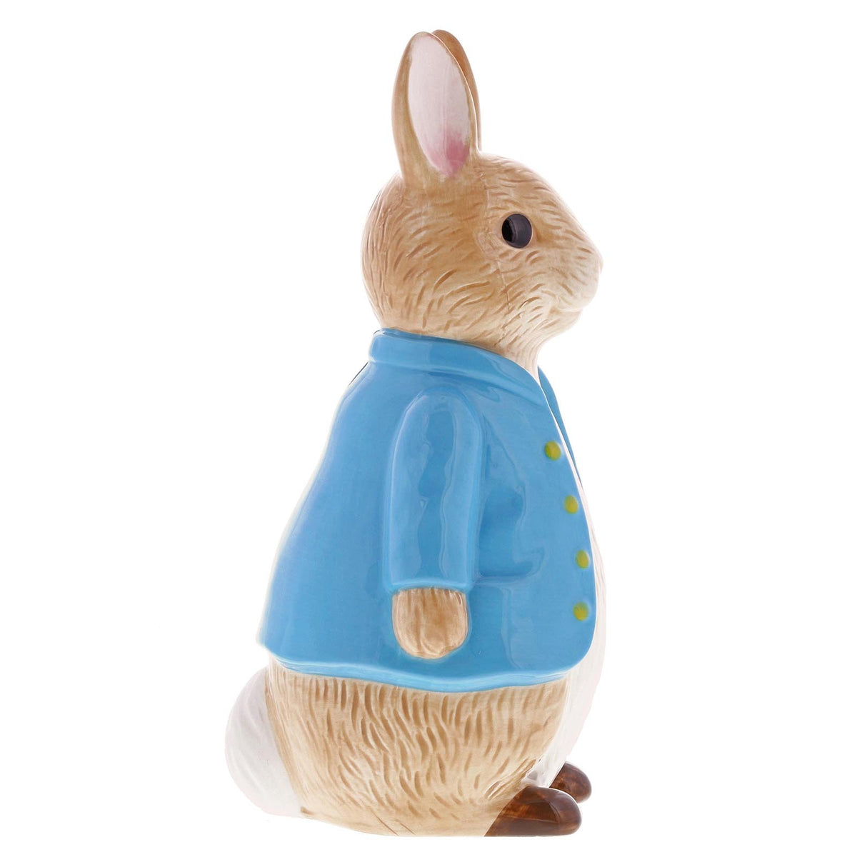 Peter Rabbit sculpted money bank in blue jacket, side view on white background.