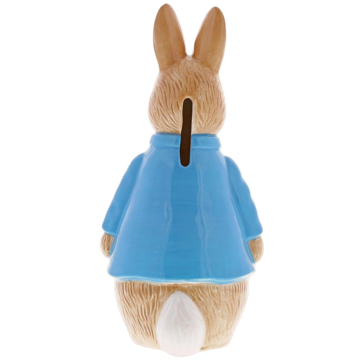 Back view of Peter Rabbit sculpted money bank wearing a blue jacket with coin slot on the back