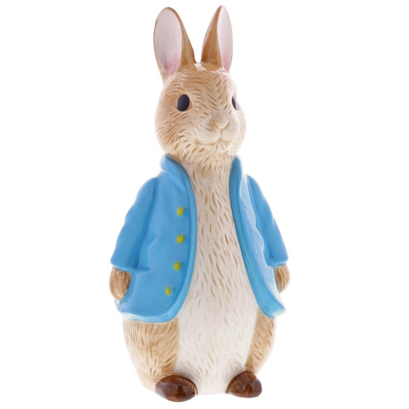Peter Rabbit sculpted money bank in blue jacket, standing upright on white background.
