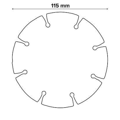 Bosch diamond cutting disc 115mm diameter with eight segmented slots, shown in a simple line drawing.