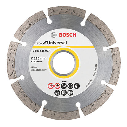 Bosch 115mm Masonry Eco Universal Diamond Cutting Disc with segmented rim and central bore hole.