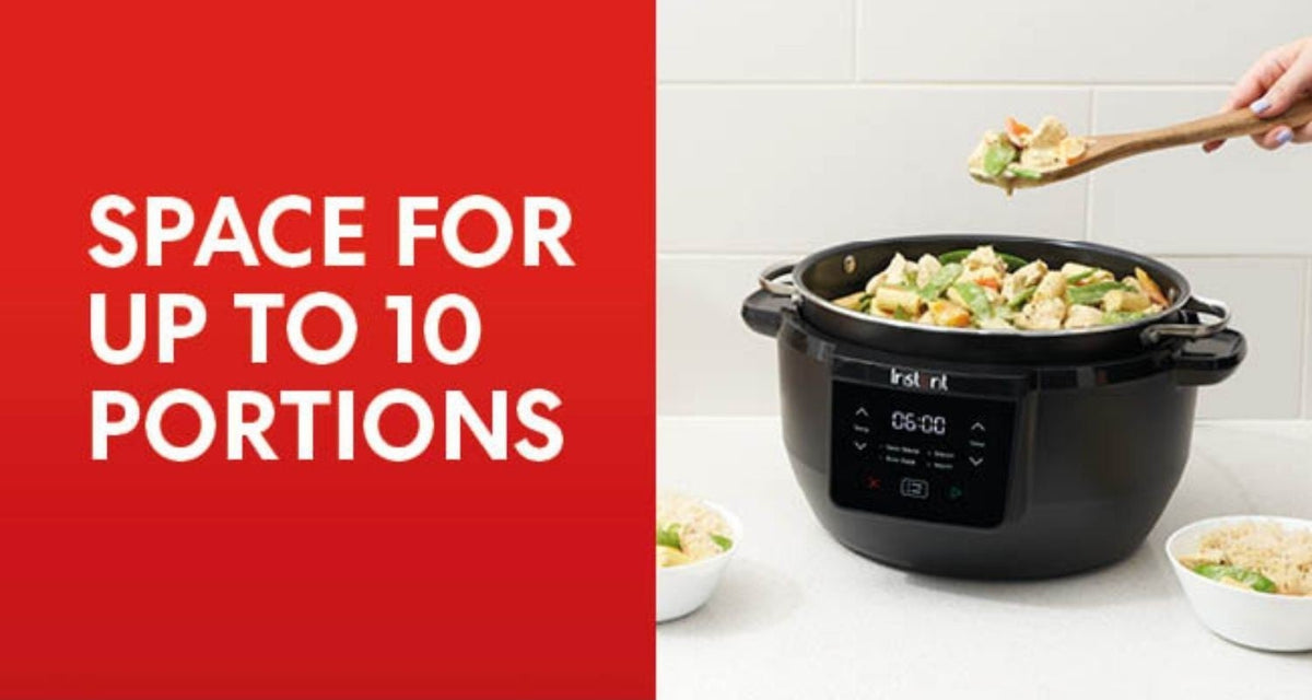 Instant Pot Superior Slow Cooker with digital display, filled with cooked vegetables and chicken, wooden spoon serving food.