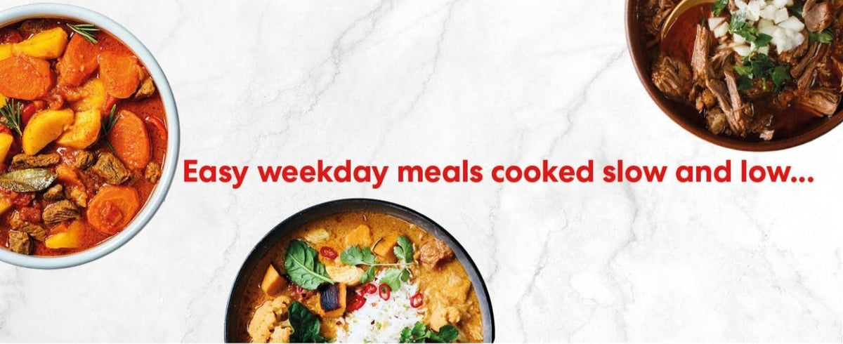 Three bowls of slow-cooked meals with meat, vegetables, and herbs on a white marble background.