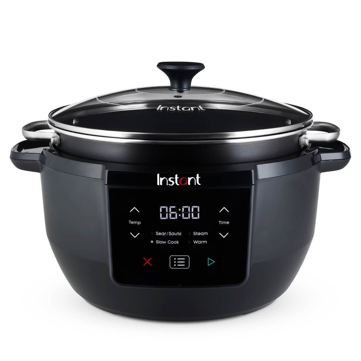 Instant Pot Superior 7.1 L slow cooker with digital control panel and glass lid, front view.