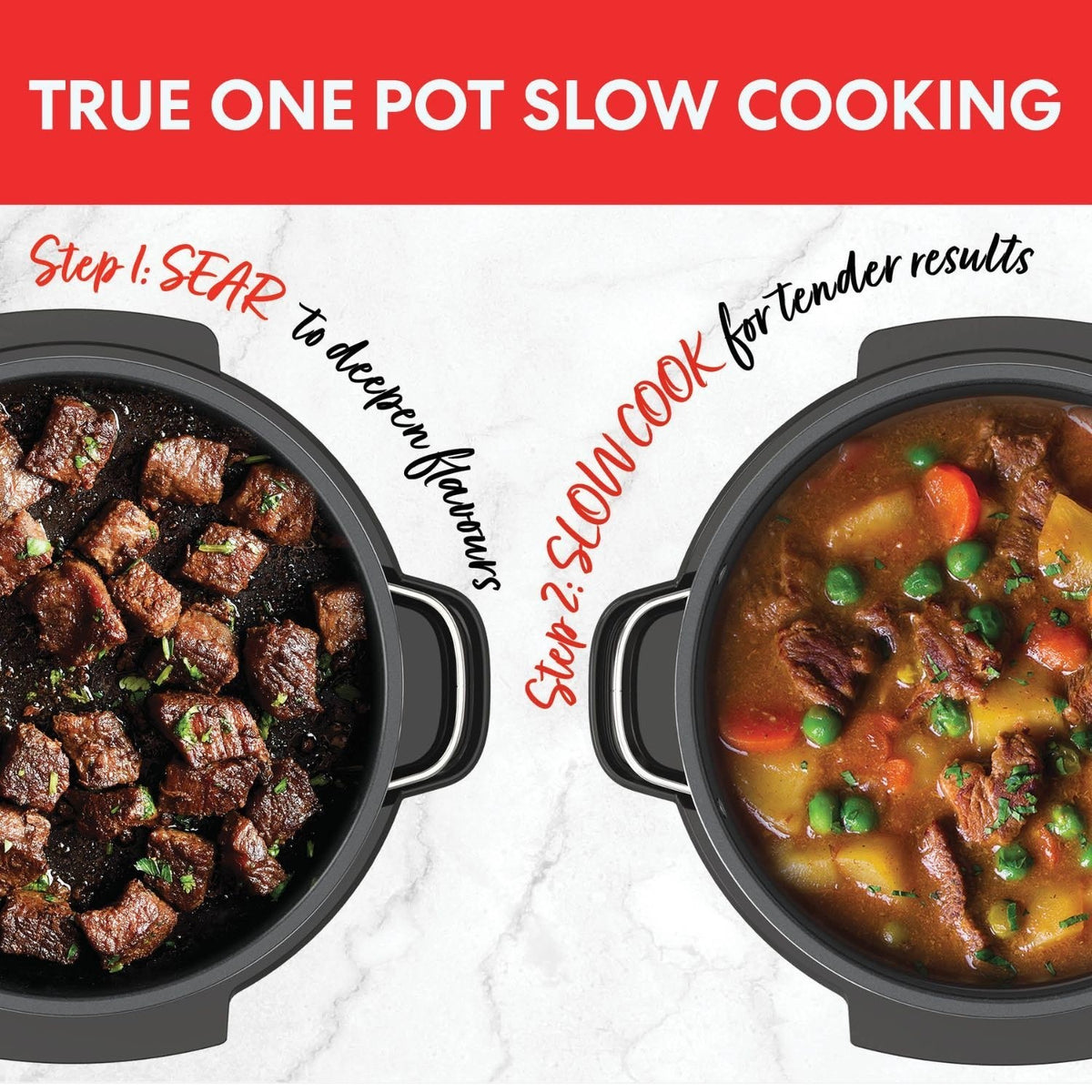 Two black pots showing seared beef cubes and slow-cooked beef stew with vegetables.