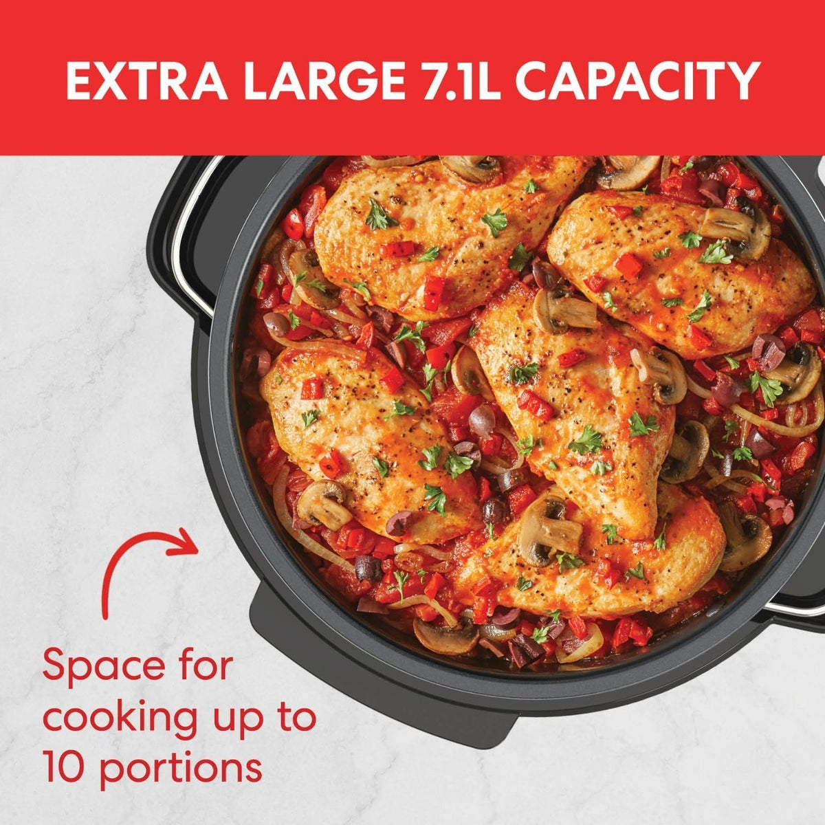 Instant Pot Superior Slow Cooker filled with cooked chicken breasts, mushrooms, and red peppers