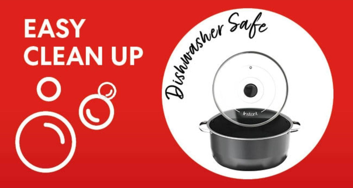 Instant Pot Superior Slow Cooker pot and glass lid with dishwasher safe text on red background