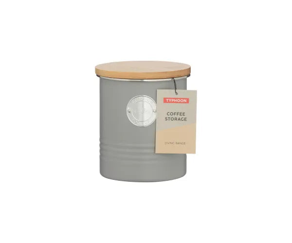 Living Grey Coffee Storage canister with wooden lid and attached product tag on white background.