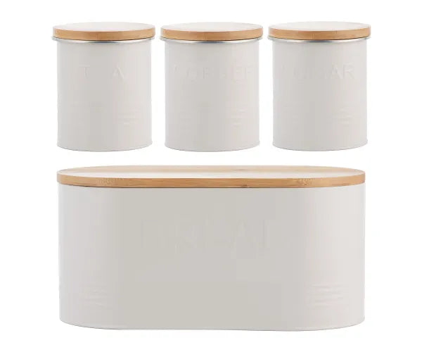 Typhoon Oatmeal 4 Piece Storage Set with airtight canisters and bamboo lids for tea, coffee, sugar, and bread – Keans