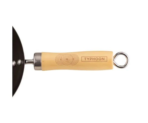 Close-up of the wooden handle with "Typhoon" branding on the World Foods 20cm/7.8" Wok