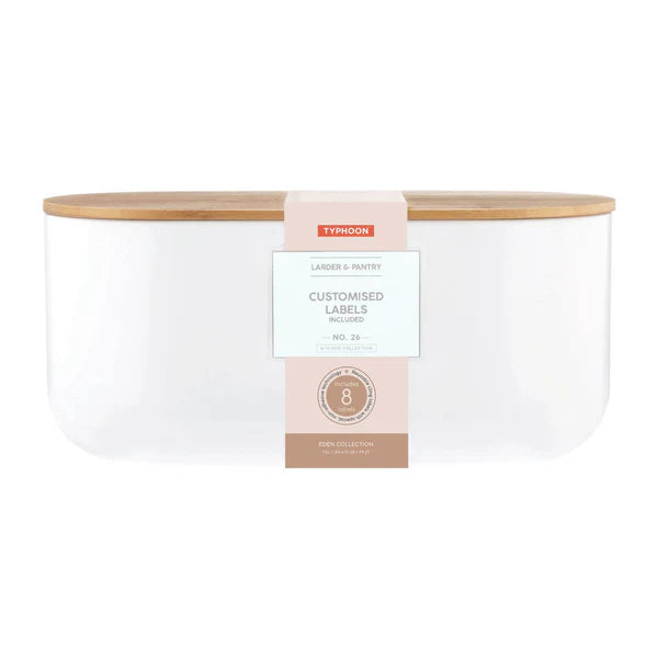 Eden White Bread Storage Bin with a bamboo lid and a label band showing product details.