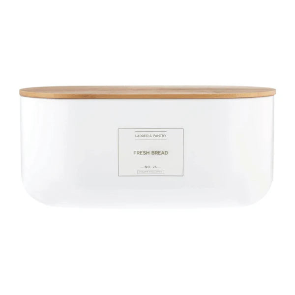 Eden White Bread Storage Bin with smooth white body and natural wood lid, labeled "Fresh Bread" on front.