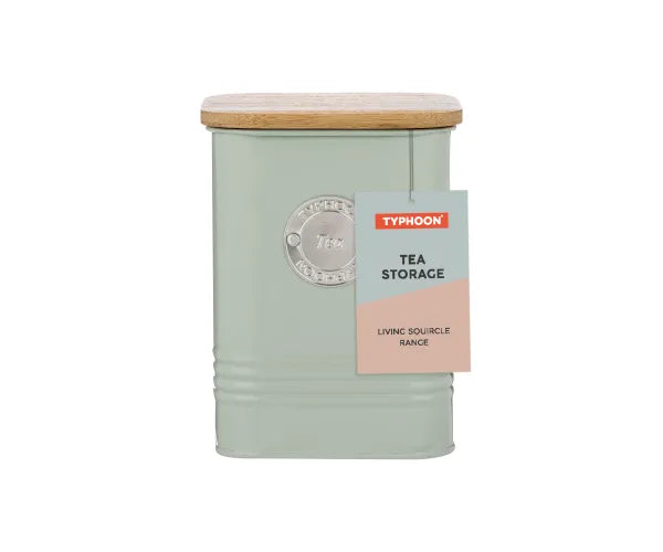 Living Squircle Mint Tea Canister 1.3L with wooden lid and metal tea label, shown with product tag.