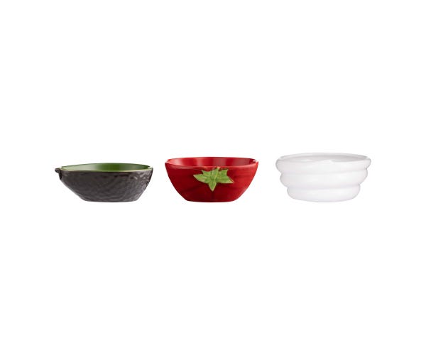 Set of 3 hand-painted ceramic fajita dip bowls in avocado, tomato, and swirl shapes by Keans Claremorris.