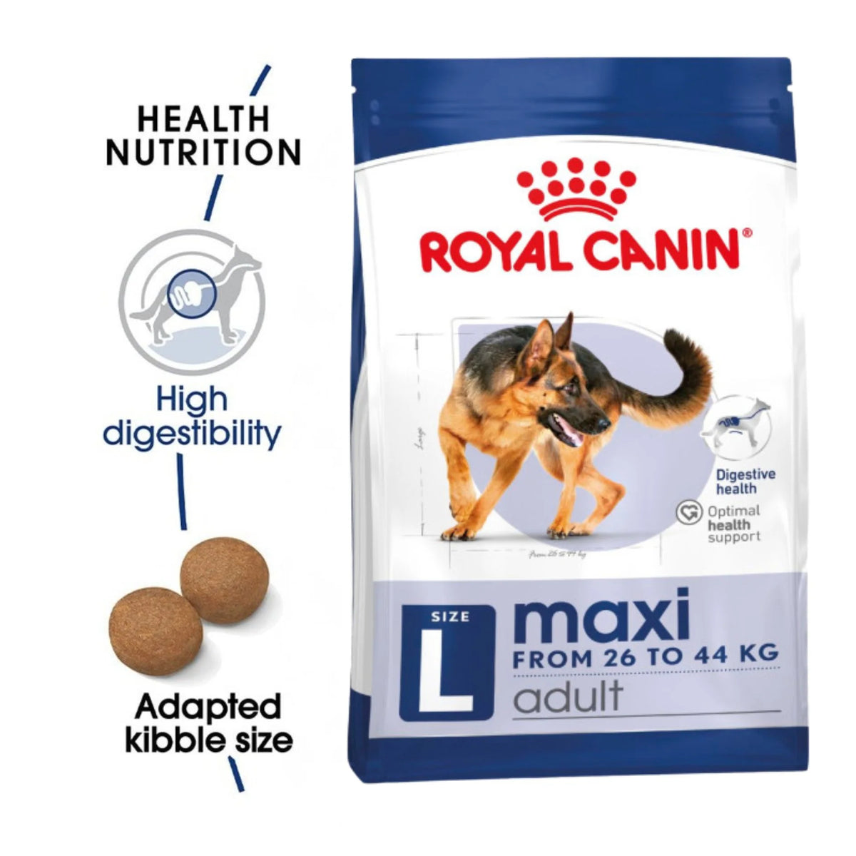 Royal Canin Maxi Adult dog food bag with German Shepherd image and three round kibbles shown.