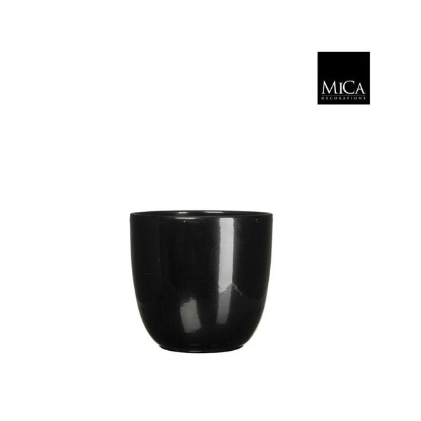 Tusca black ceramic plant pot, 16cm high x 17cm diameter, shiny finish, durable glaze – available at Keans Claremorris.