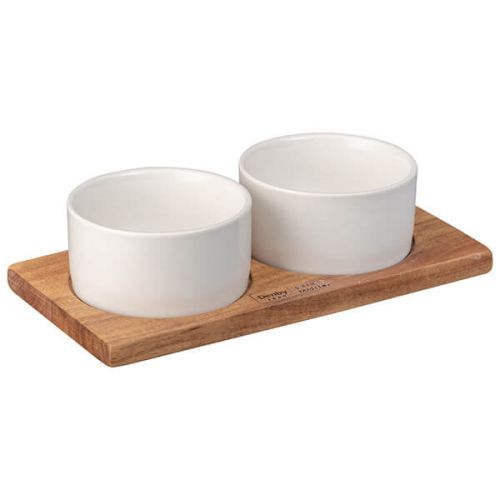 James Martin 3 Piece Dipping Set with 2 ceramic bowls and wooden holder, oven-safe, available at Keans Claremorris