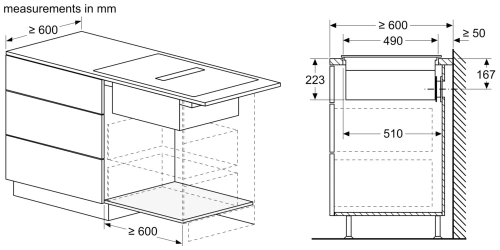Technical drawing showing installation dimensions for Neff N50 Induction Hob with Integrated Ventilation system.