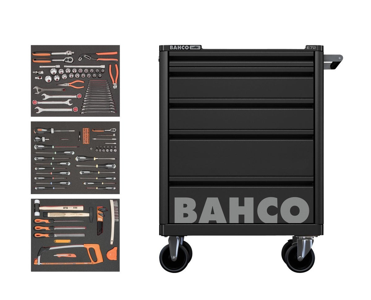 Bahco 140-piece foam inlay tool kit in black 5-drawer roller cabinet with heavy-duty steel, smooth drawers – Keans