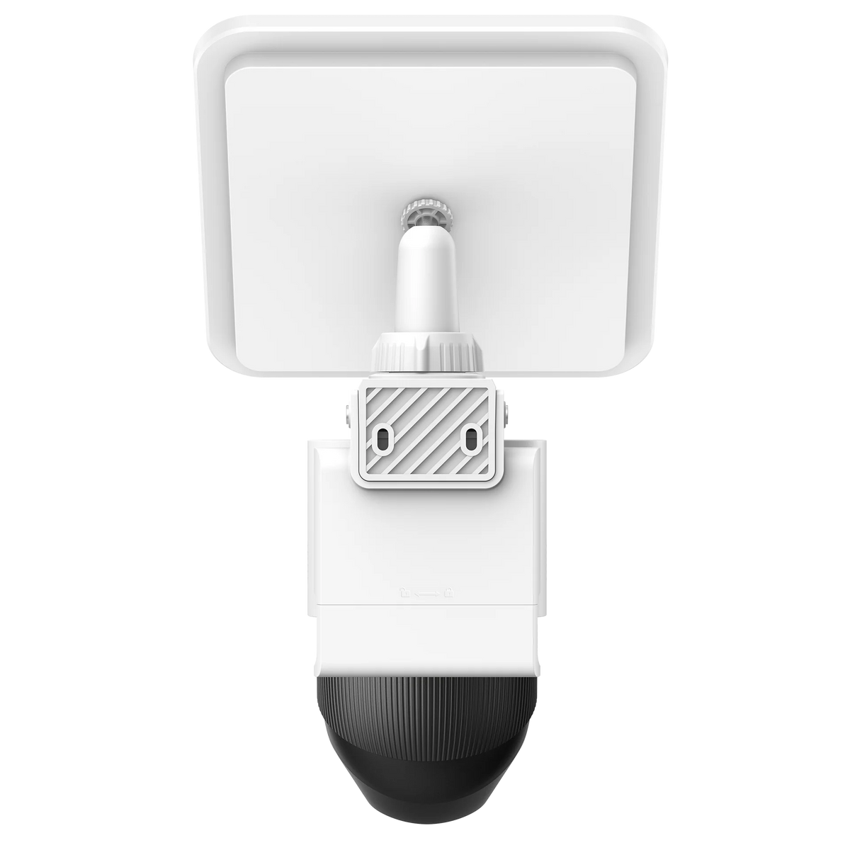 Back view of Eufy Cam S4 security camera showing mounting bracket and adjustable joint in white and black.