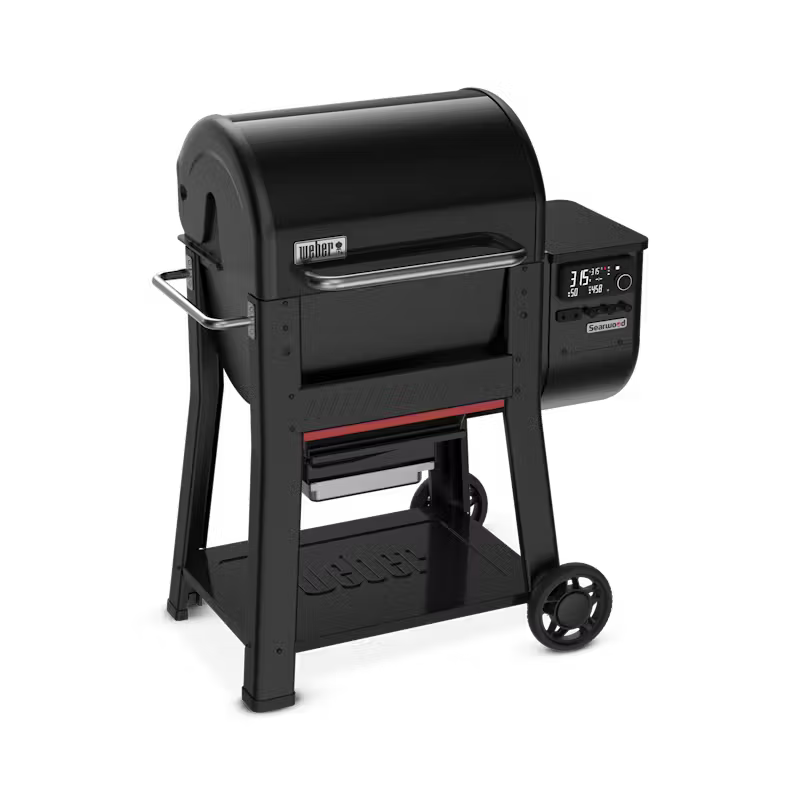 Weber Searwood Pellet Barbecue in black with digital control panel and two wheels on one side