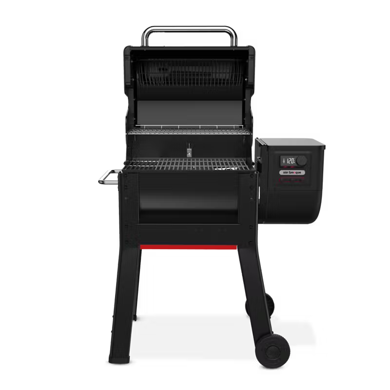 Weber Smoque Pellet Smoker with open lid, showing cooking grates and digital control panel on the side