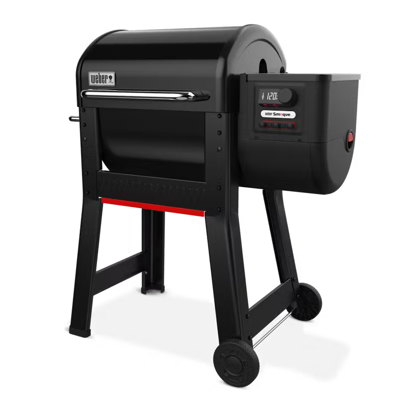 Weber Smoque Pellet Smoker in black with digital control panel and two wheels on one side for mobility.