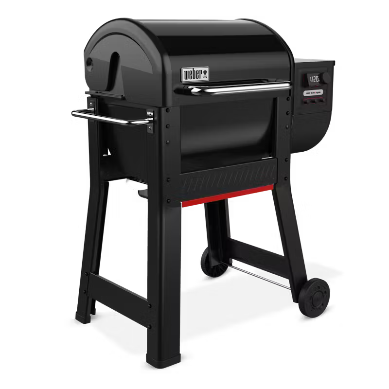 Weber Smoque Pellet Smoker in black with digital control panel and two wheels on one side