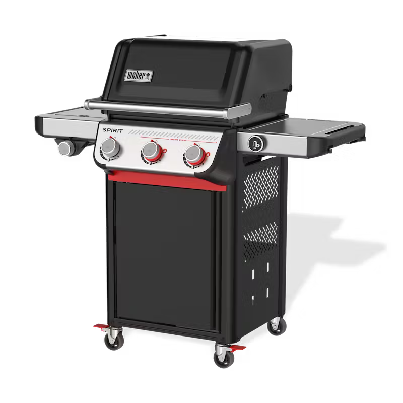 Weber Spirit EP-335 gas grill with three control knobs, black lid, and side shelves on wheels