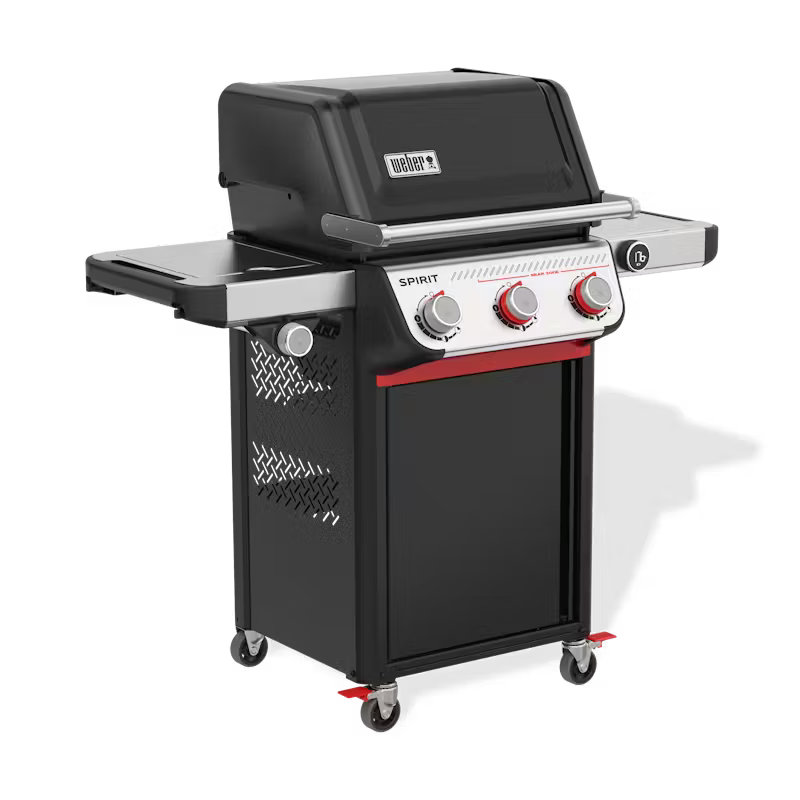 Weber Spirit EP-335 black gas grill with three control knobs, side shelves, and caster wheels.
