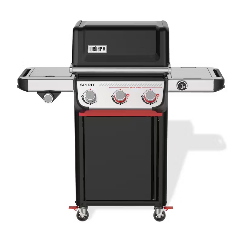 Weber Spirit EP-335 gas barbecue with three burners, side burner, and stainless steel side tables, front view.