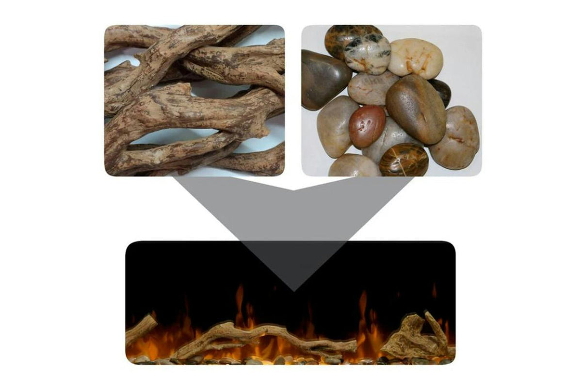 Dimplex Driftwood and river rock fuel bed accessory shown with glowing flames for 50" LED fireplace.