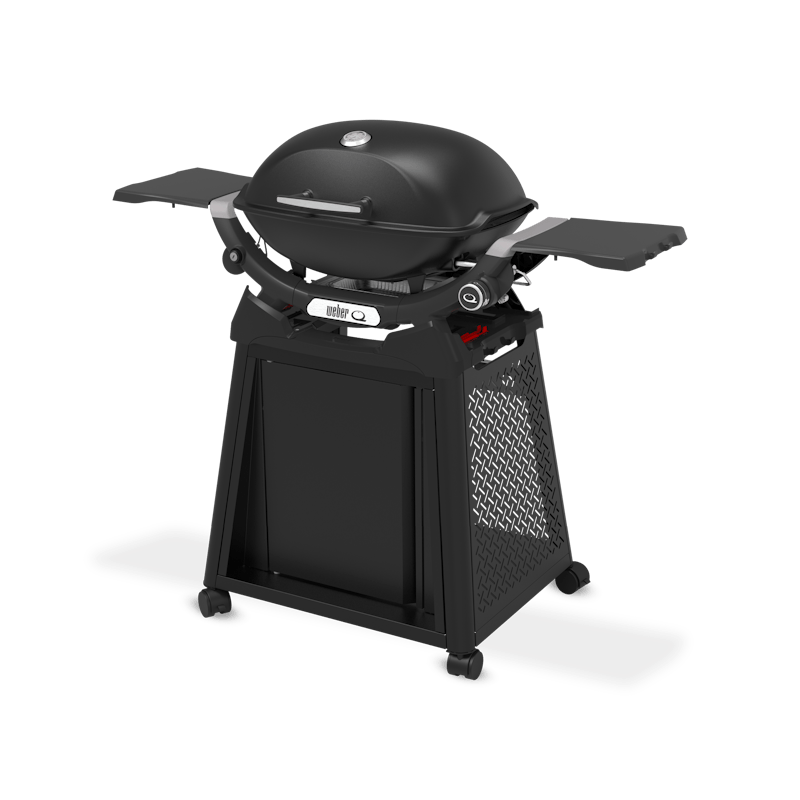 Weber Q 2200N gas barbecue with closed lid, side tables, and black premium cart on wheels