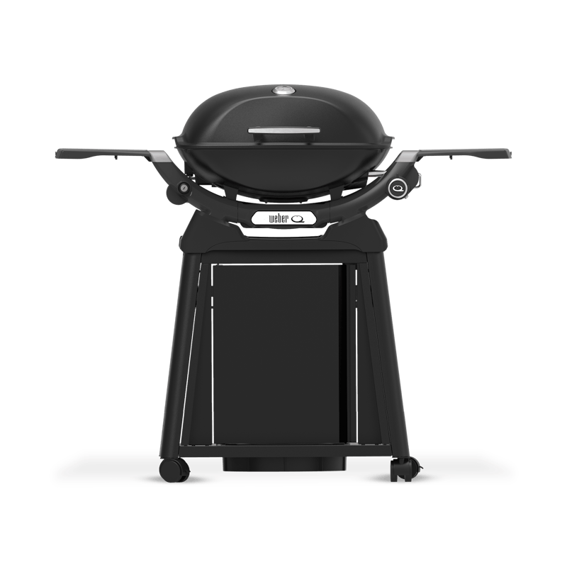 Weber Q 2200N gas barbecue with closed lid, side tables extended, and premium cart with wheels.