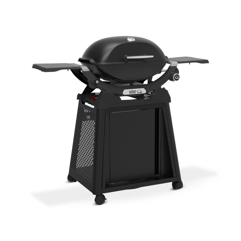 Weber Q 2200N gas barbecue on premium cart with side tables, closed lid, front view