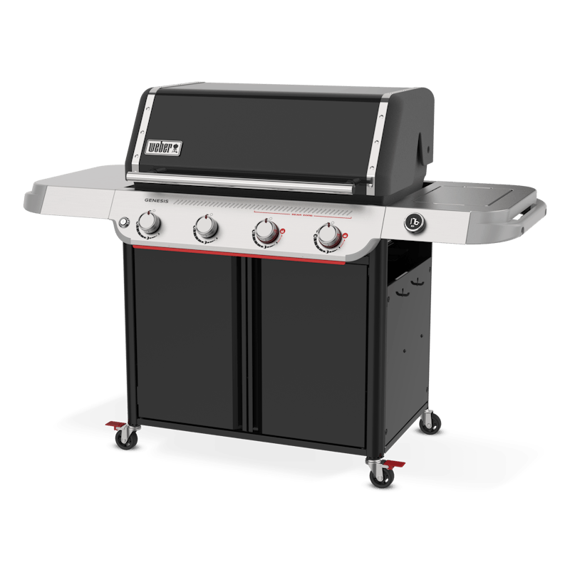 Genesis E-425W LP BLK gas barbecue with four control knobs, black lid, and side shelves on wheels.