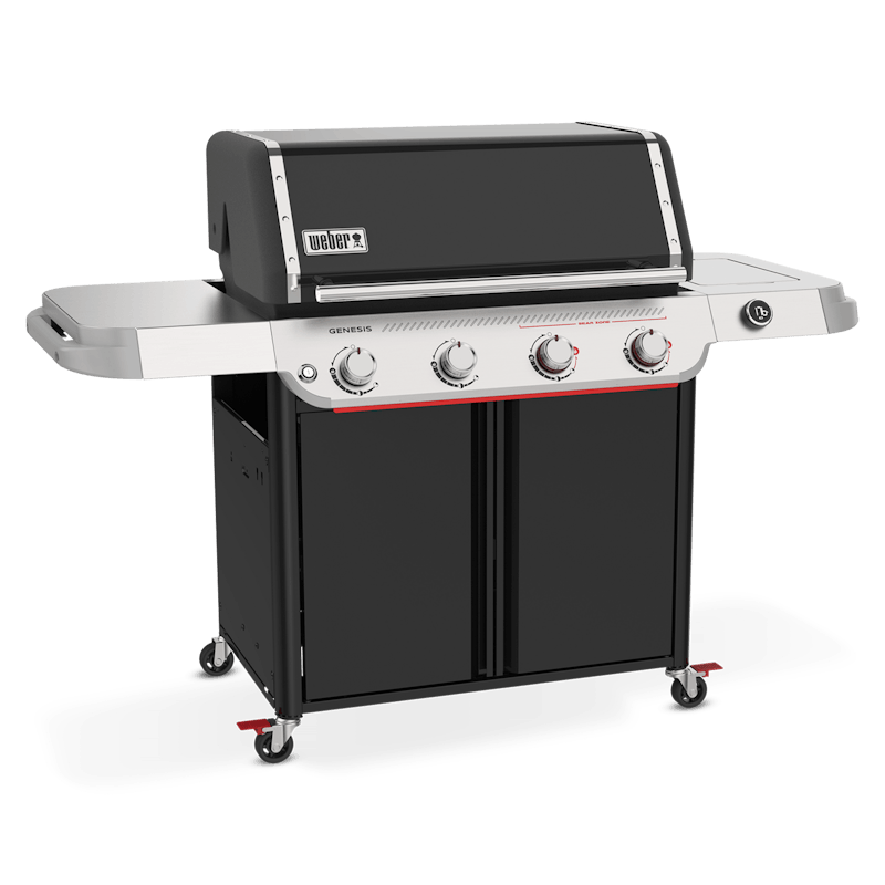 Genesis E-425W LP black gas barbecue with four control knobs, side shelves, and storage cabinet on wheels.