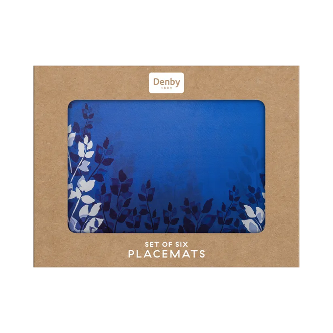 Denby Blue Foliage 6-piece placemats set with leaf design, durable material, perfect for dining – available at Keans