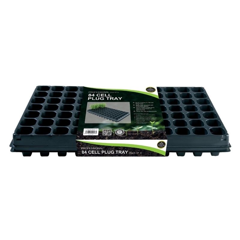 Two black 84-cell plug trays stacked with product label showing usage and care instructions.