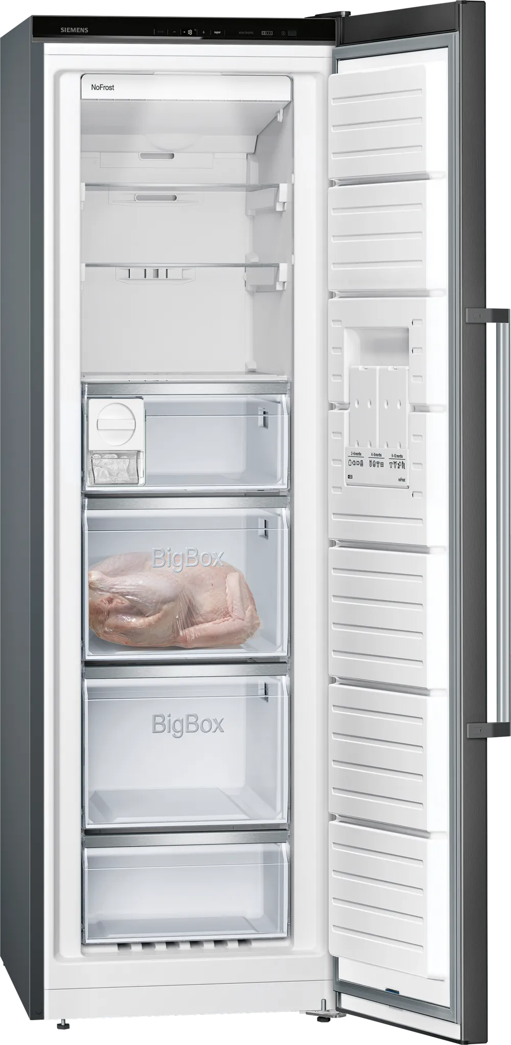 Siemens IQ500 freezer in black inox with open door showing empty shelves and frozen chicken in BigBox drawer