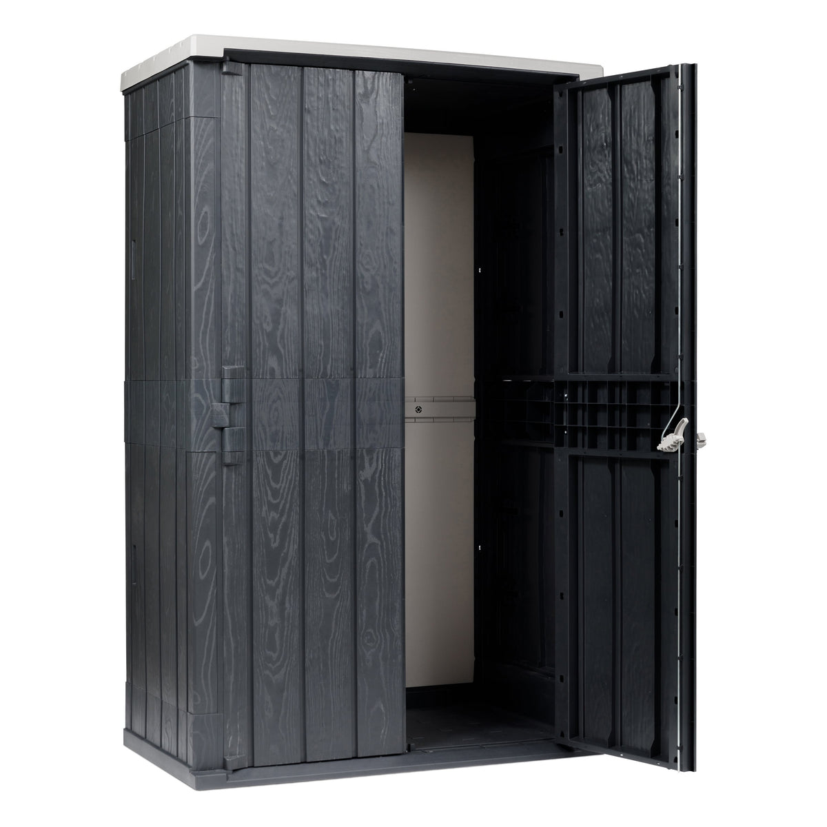 Dark grey Toomax High Stora Way outdoor storage shed with one door open showing interior space.