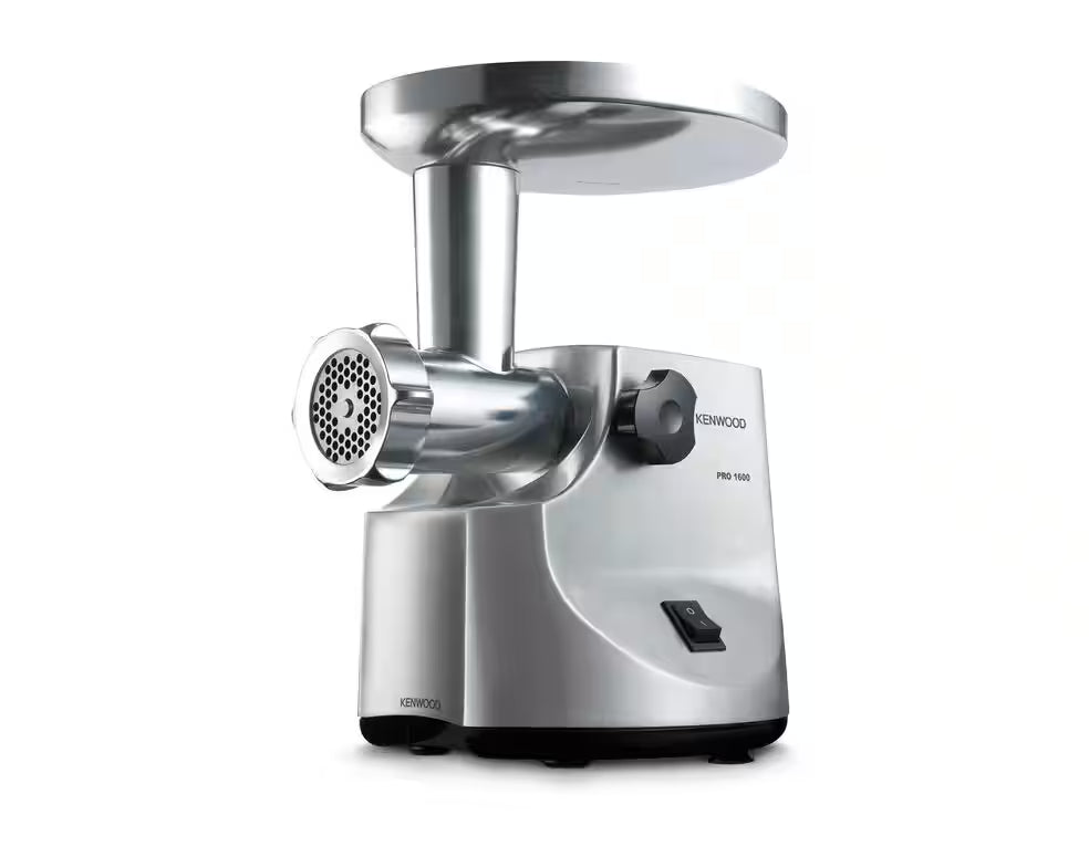 Kenwood Food Mincer MG510 in stainless steel with feeding tray and front grinding plate visible