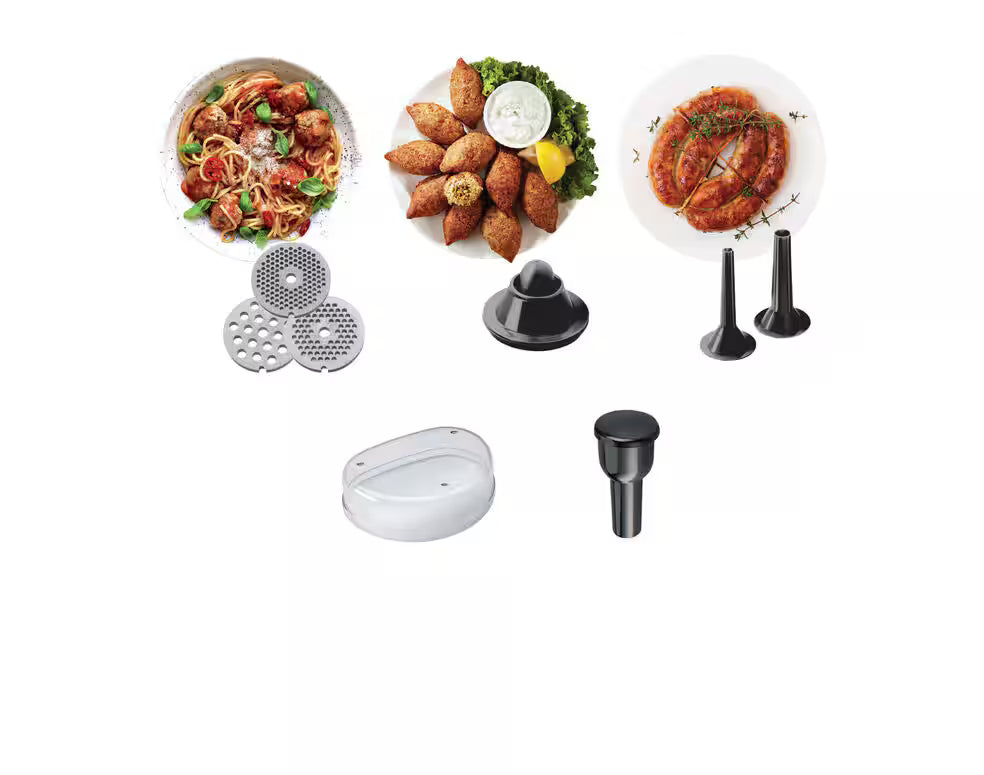 Kenwood Food Mincer MG510 accessories including three grinding plates, sausage and kibbeh attachments, and food pusher.