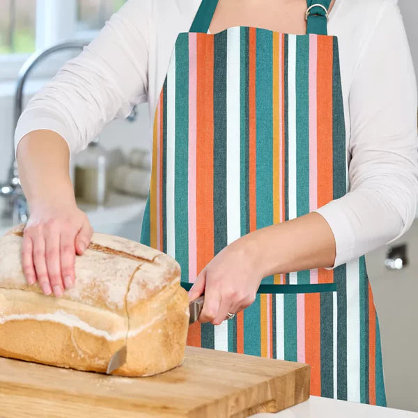 Striped teal recycled cotton adult apron, eco-friendly kitchen wear by Keans Claremorris