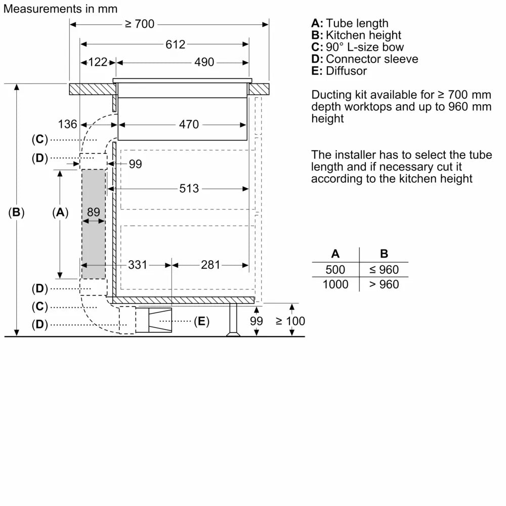 Technical diagram showing side view and measurements for Neff N50 Induction Hob with integrated ventilation ducting.