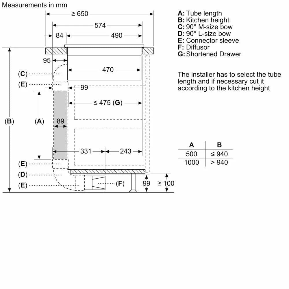 Technical diagram showing installation measurements for Neff N50 Induction Hob with Integrated Ventilation system.