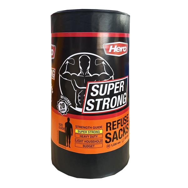 Hero Super Strong 85L refuse sacks, 20 pack, heavy-duty black bin liners for home and office waste – Keans Claremorris