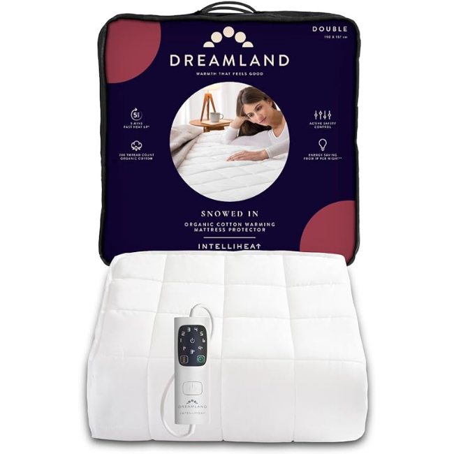 Dreamland double electric blanket with single control, white quilted fabric and packaging showing product features.
