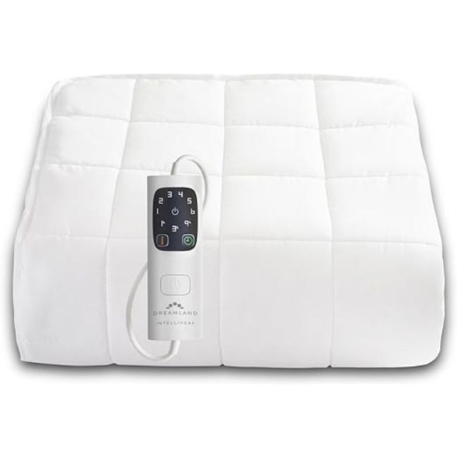 White Dreamland electric blanket mattress cover with digital control showing heat settings.